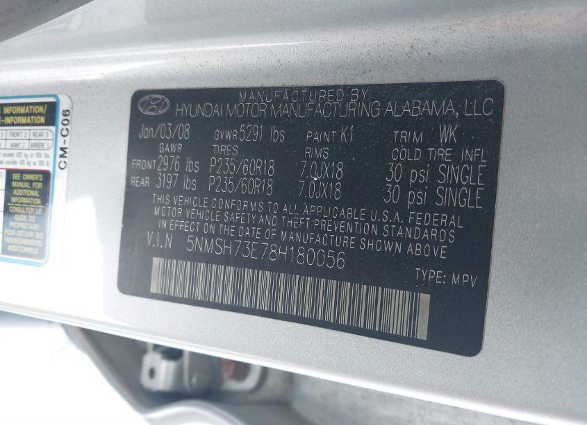 Photo 9 of 2008 Hyundai Santa FE LIMITED/SE (VIN 5NMSH73E78H180056)