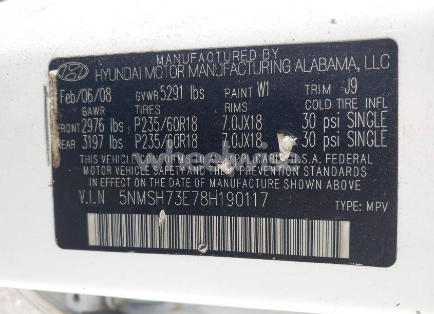 Photo 9 of 2008 Hyundai Santa FE LIMITED/SE (VIN 5NMSH73E78H190117)