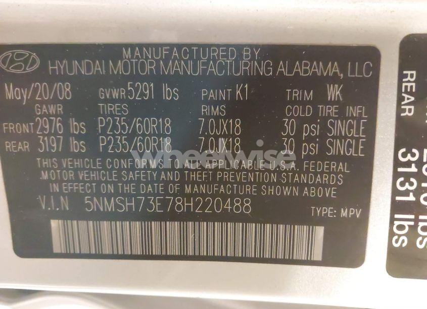 Photo 9 of 2008 Hyundai Santa FE LIMITED/SE (VIN 5NMSH73E78H220488)