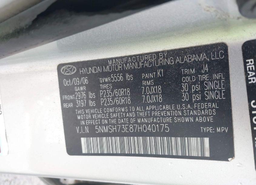 Photo 9 of 2007 Hyundai Santa FE LIMITED/SE (VIN 5NMSH73E87H040175)