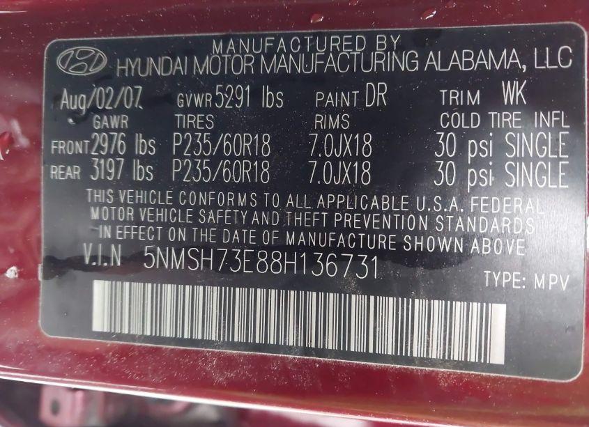 Photo 9 of 2008 Hyundai Santa FE LIMITED/SE (VIN 5NMSH73E88H136731)