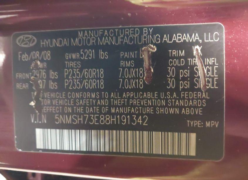 Photo 9 of 2008 Hyundai Santa FE LIMITED/SE (VIN 5NMSH73E88H191342)