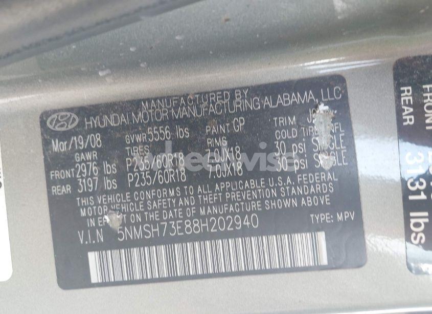 Photo 9 of 2008 Hyundai Santa FE LIMITED/SE (VIN 5NMSH73E88H202940)