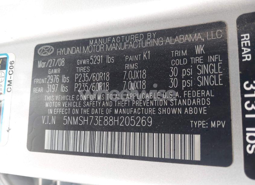 Photo 9 of 2008 Hyundai Santa FE LIMITED/SE (VIN 5NMSH73E88H205269)