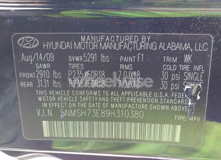 Photo 9 of 2009 Hyundai Santa FE LIMITED (VIN 5NMSH73E89H310380)