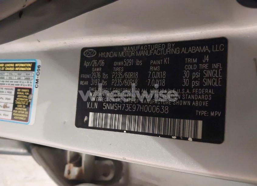 Photo 9 of 2007 Hyundai Santa FE LIMITED/SE (VIN 5NMSH73E97H000638)