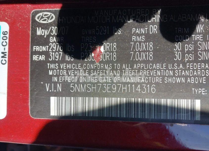 Photo 9 of 2007 Hyundai Santa FE (VIN 5NMSH73E97H114316)