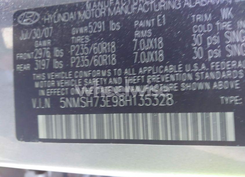 Photo 9 of 2008 Hyundai Santa FE LIMITED/SE (VIN 5NMSH73E98H135328)