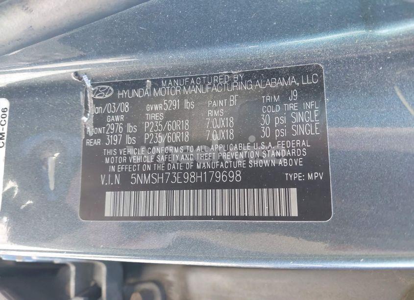 Photo 9 of 2008 Hyundai Santa FE LIMITED/SE (VIN 5NMSH73E98H179698)