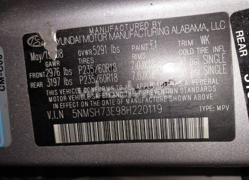 Photo 9 of 2008 Hyundai Santa FE LIMITED/SE (VIN 5NMSH73E98H220119)