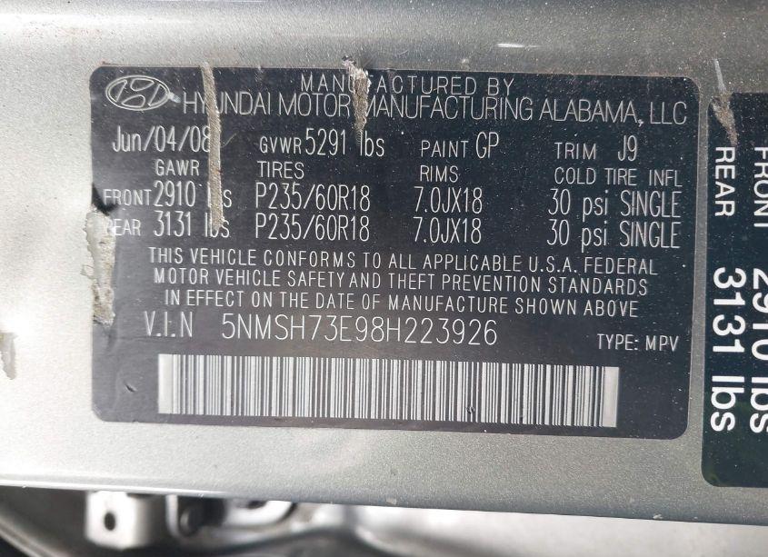 Photo 9 of 2008 Hyundai Santa FE LIMITED/SE (VIN 5NMSH73E98H223926)