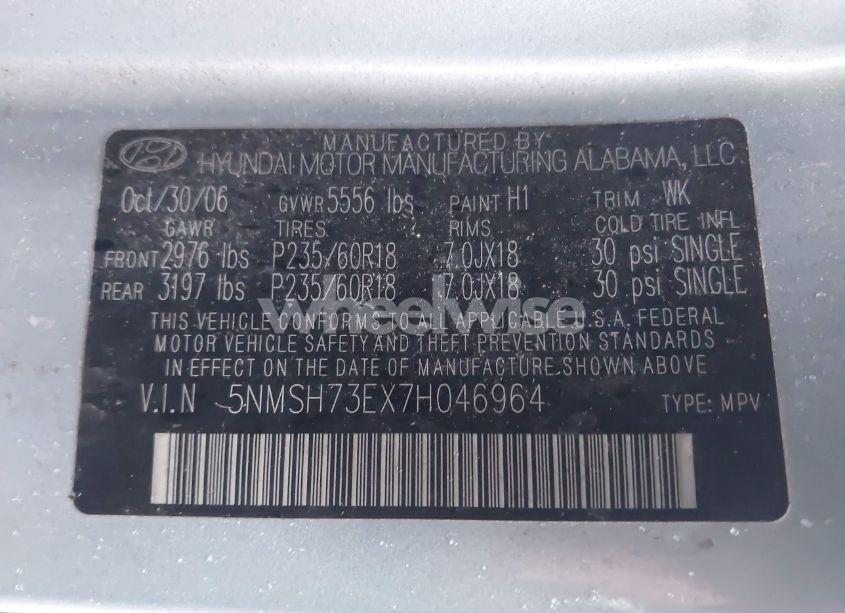 Photo 9 of 2007 Hyundai Santa FE LIMITED/SE (VIN 5NMSH73EX7H046964)