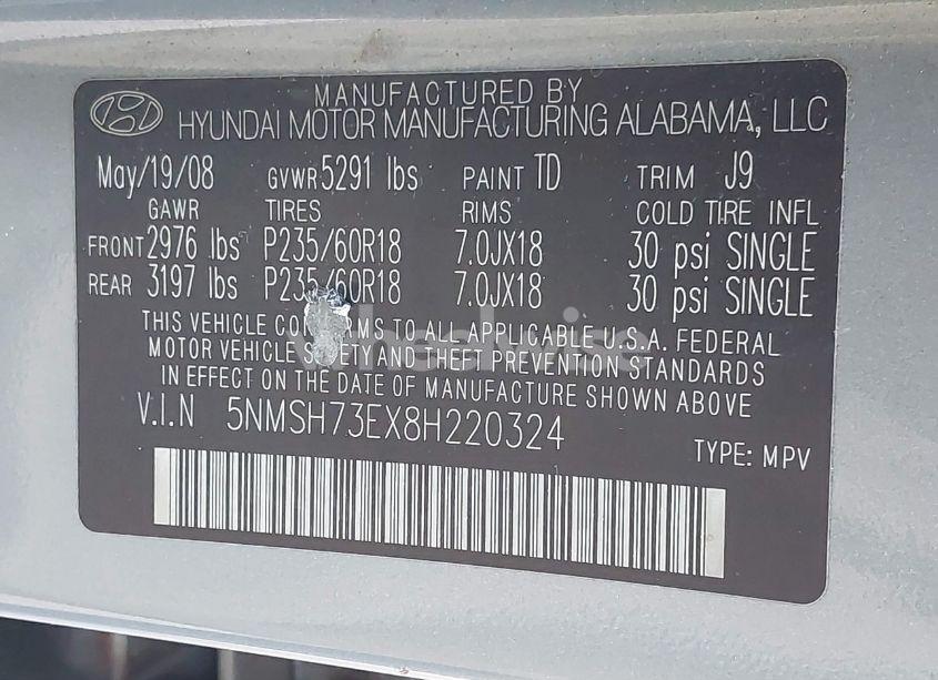 Photo 9 of 2008 Hyundai Santa FE LIMITED/SE (VIN 5NMSH73EX8H220324)