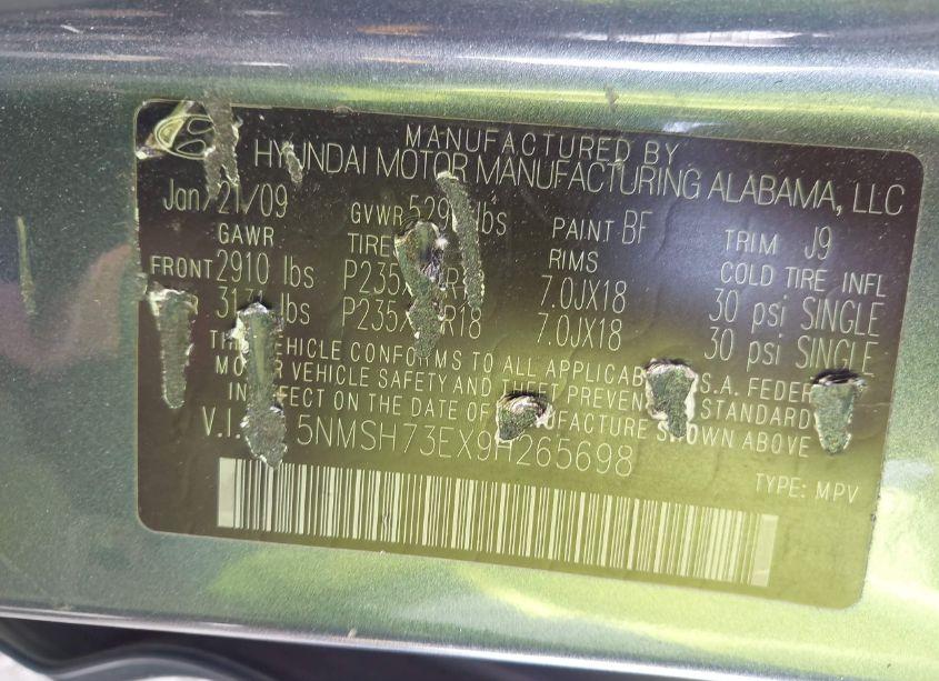 Photo 9 of 2009 Hyundai Santa FE LIMITED (VIN 5NMSH73EX9H265698)