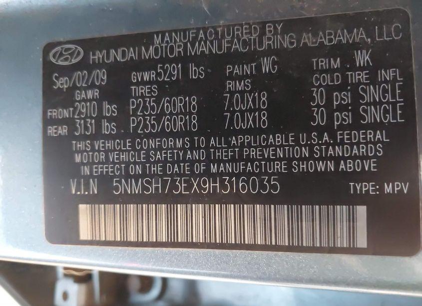 Photo 9 of 2009 Hyundai Santa FE LIMITED (VIN 5NMSH73EX9H316035)