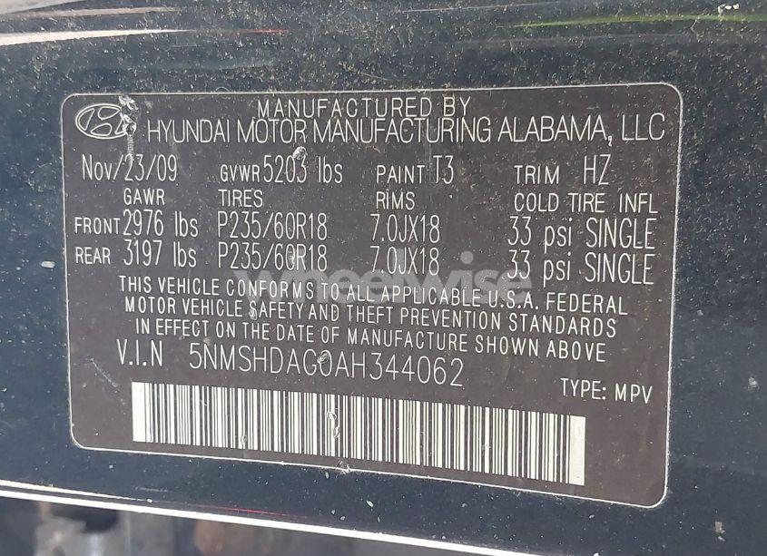 Photo 9 of 2010 Hyundai Santa FE SE (VIN 5NMSHDAG0AH344062)
