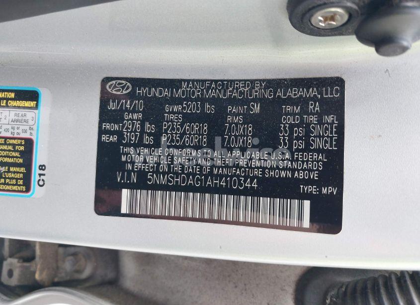 Photo 9 of 2010 Hyundai Santa FE SE (VIN 5NMSHDAG1AH410344)