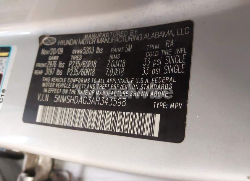 Photo 9 of 2010 Hyundai Santa FE SE (VIN 5NMSHDAG3AH343598)