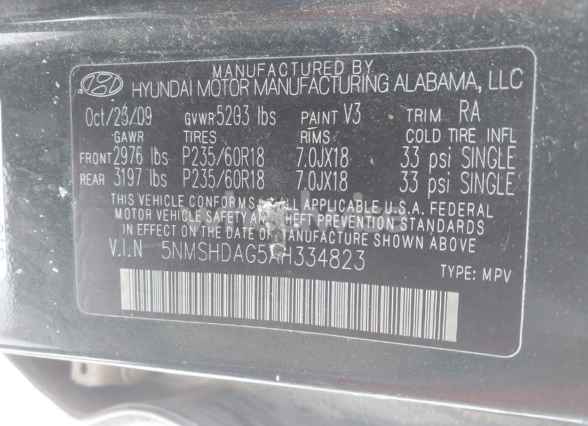 Photo 9 of 2010 Hyundai Santa FE SE (VIN 5NMSHDAG5AH334823)