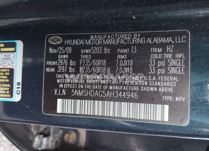 Photo 9 of 2010 Hyundai Santa FE SE (VIN 5NMSHDAG5AH344946)