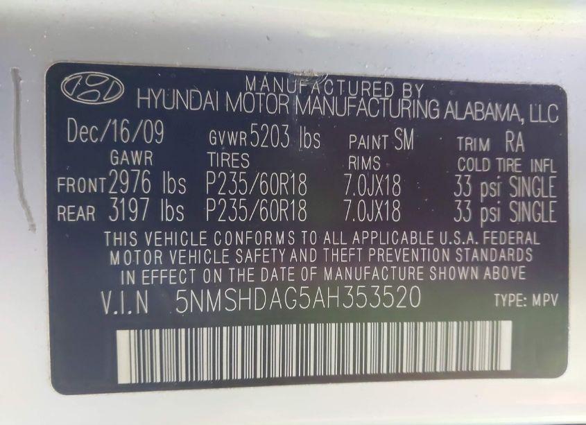 Photo 9 of 2010 Hyundai Santa FE SE (VIN 5NMSHDAG5AH353520)