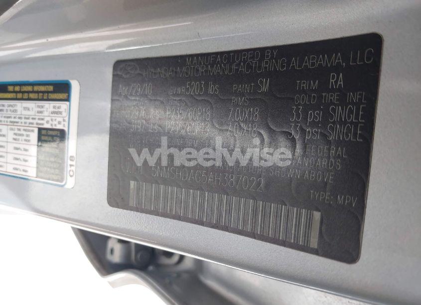 Photo 9 of 2010 Hyundai Santa FE SE (VIN 5NMSHDAG5AH387022)