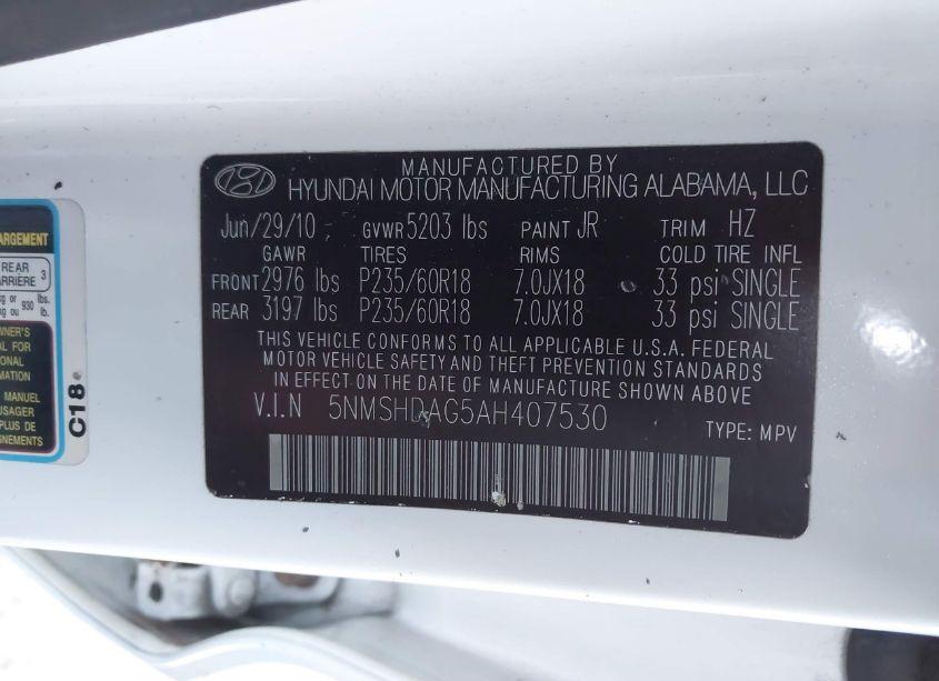 Photo 9 of 2010 Hyundai Santa FE SE (VIN 5NMSHDAG5AH407530)