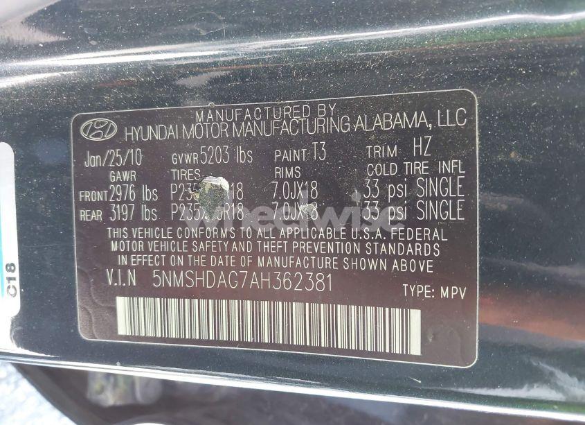 Photo 9 of 2010 Hyundai Santa FE SE (VIN 5NMSHDAG7AH362381)