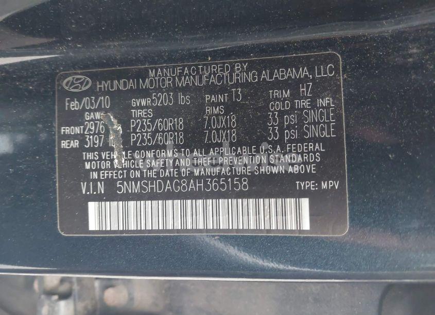 Photo 9 of 2010 Hyundai Santa FE SE (VIN 5NMSHDAG8AH365158)