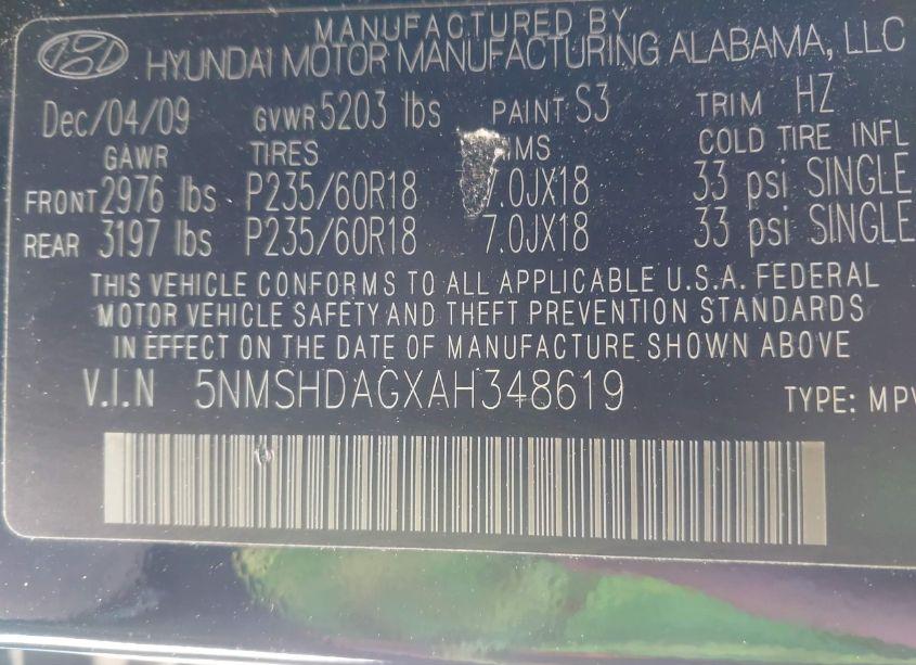 Photo 9 of 2010 Hyundai Santa FE SE (VIN 5NMSHDAGXAH348619)