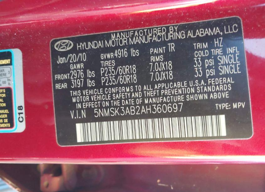 Photo 9 of 2010 Hyundai Santa FE LIMITED (VIN 5NMSK3AB2AH360697)