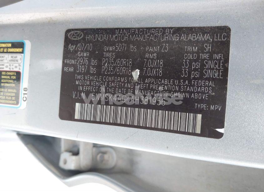 Photo 9 of 2010 Hyundai Santa FE LIMITED V6 (VIN 5NMSK4AG4AH381956)