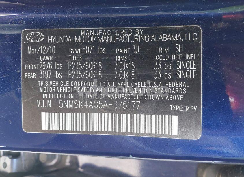 Photo 9 of 2010 Hyundai Santa FE LIMITED V6 (VIN 5NMSK4AG5AH375177)