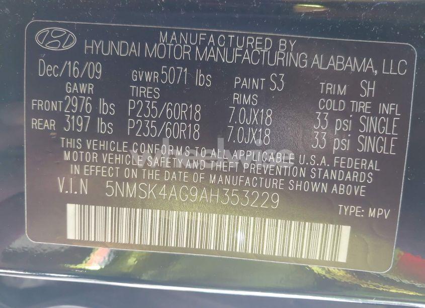 Photo 9 of 2010 Hyundai Santa FE LIMITED V6 (VIN 5NMSK4AG9AH353229)