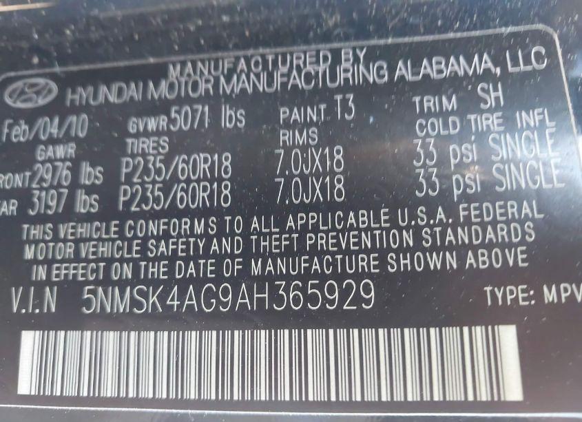 Photo 9 of 2010 Hyundai Santa FE LIMITED V6 (VIN 5NMSK4AG9AH365929)