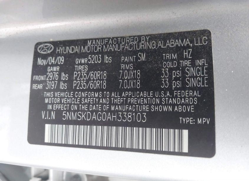 Photo 9 of 2010 Hyundai Santa FE LIMITED V6 (VIN 5NMSKDAG0AH338103)