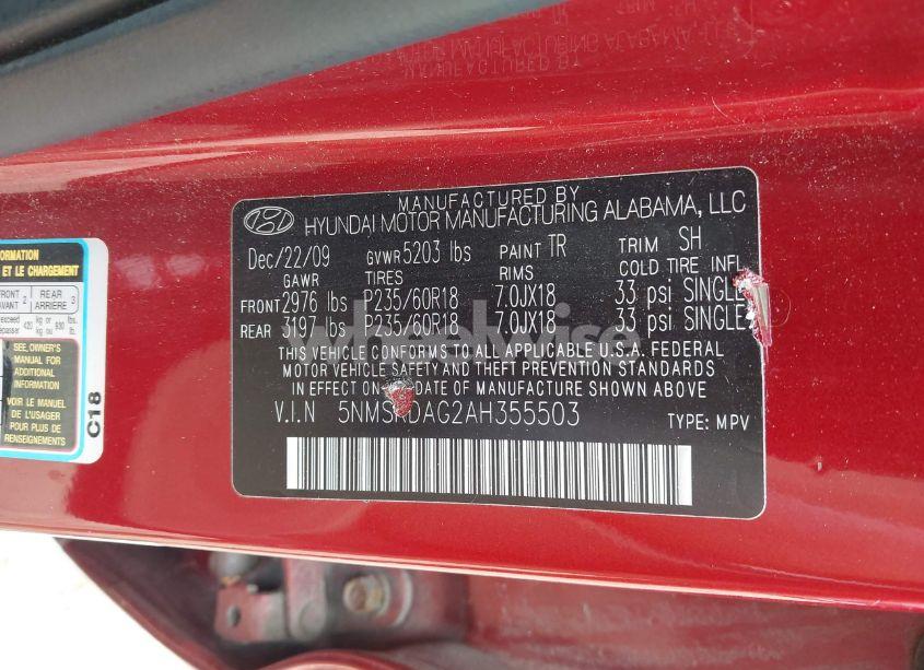 Photo 9 of 2010 Hyundai Santa FE LIMITED V6 (VIN 5NMSKDAG2AH355503)