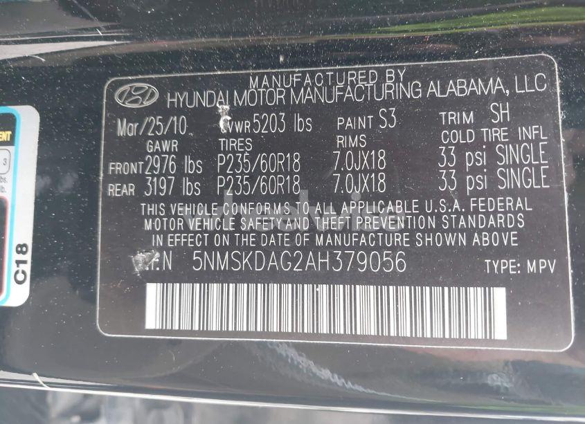 Photo 9 of 2010 Hyundai Santa FE LIMITED V6 (VIN 5NMSKDAG2AH379056)