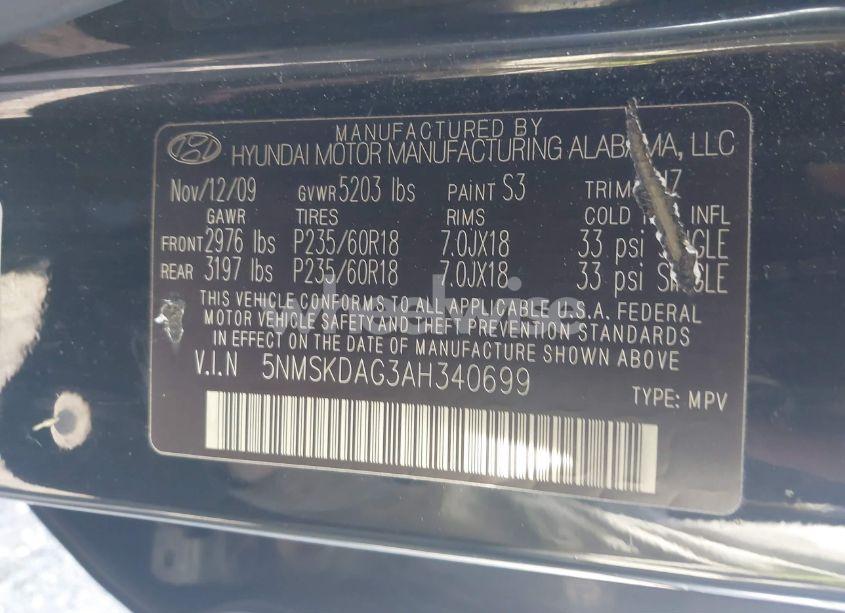 Photo 9 of 2010 Hyundai Santa FE LIMITED V6 (VIN 5NMSKDAG3AH340699)