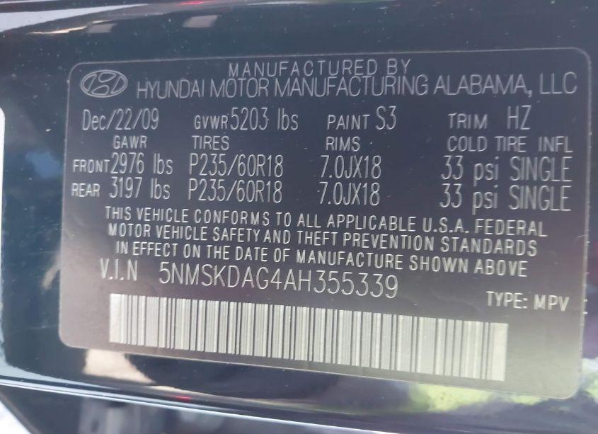 Photo 9 of 2010 Hyundai Santa FE LIMITED V6 (VIN 5NMSKDAG4AH355339)