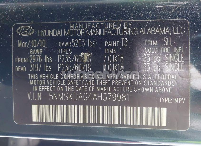 Photo 9 of 2010 Hyundai Santa FE LIMITED V6 (VIN 5NMSKDAG4AH379981)