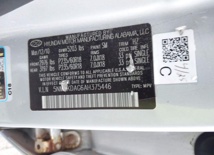 Photo 9 of 2010 Hyundai Santa FE LIMITED V6 (VIN 5NMSKDAG6AH375446)