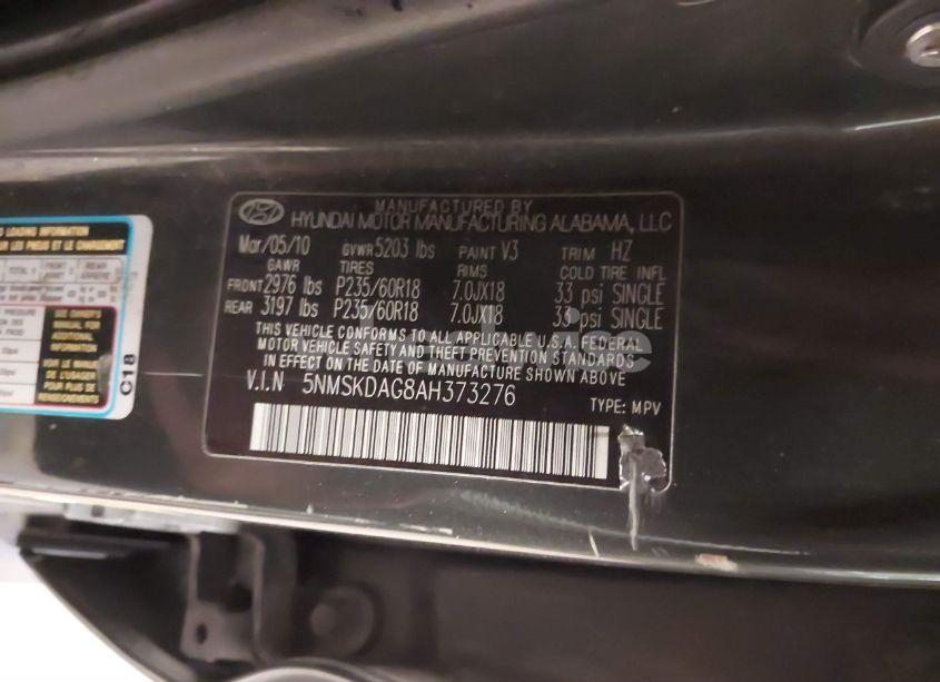 Photo 9 of 2010 Hyundai Santa FE LIMITED V6 (VIN 5NMSKDAG8AH373276)