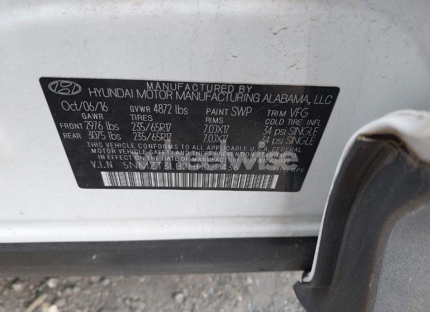 Photo 9 of 2017 Hyundai Santa FE SPORT 2.4L (VIN 5NMZT3LB2HH020436)