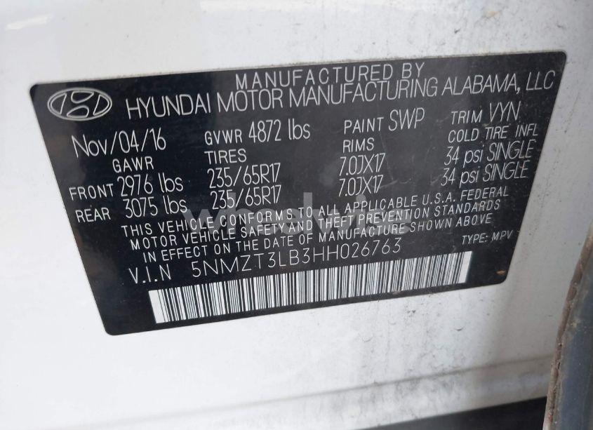 Photo 9 of 2017 Hyundai Santa FE SPORT 2.4L (VIN 5NMZT3LB3HH026763)