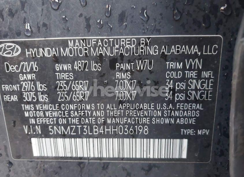 Photo 9 of 2017 Hyundai Santa FE SPORT 2.4L (VIN 5NMZT3LB4HH036198)