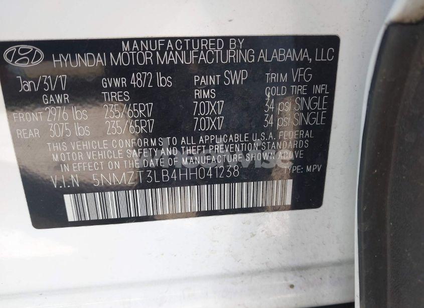 Photo 9 of 2017 Hyundai Santa FE SPORT 2.4L (VIN 5NMZT3LB4HH041238)