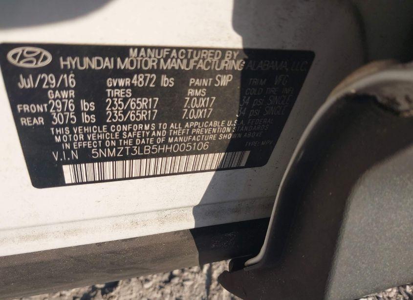 Photo 9 of 2017 Hyundai Santa FE SPORT 2.4L (VIN 5NMZT3LB5HH005106)