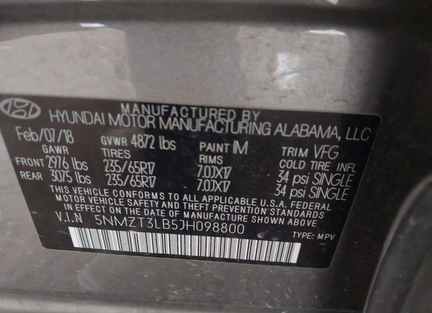 Photo 9 of 2018 Hyundai Santa FE SPORT 2.4L (VIN 5NMZT3LB5JH098800)