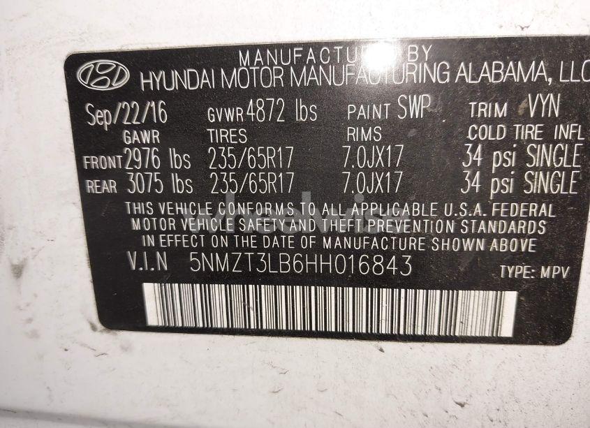 Photo 9 of 2017 Hyundai Santa FE SPORT 2.4L (VIN 5NMZT3LB6HH016843)